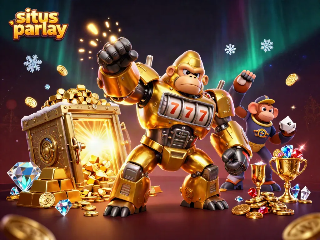 Join the excitement with situs parlay showcasing a golden gorilla mech betting triumphs in this dynamic 3D illustration.