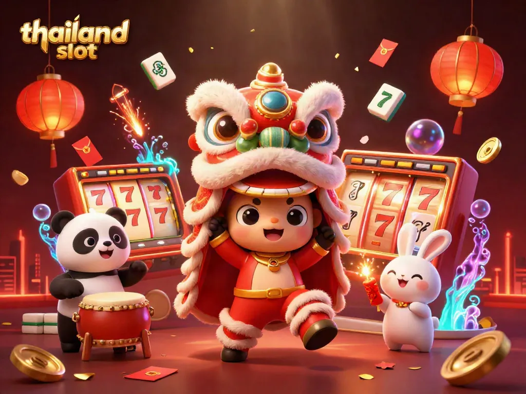 Spin and win with thailand slot in a vibrant 3D casino scene featuring lucky characters.