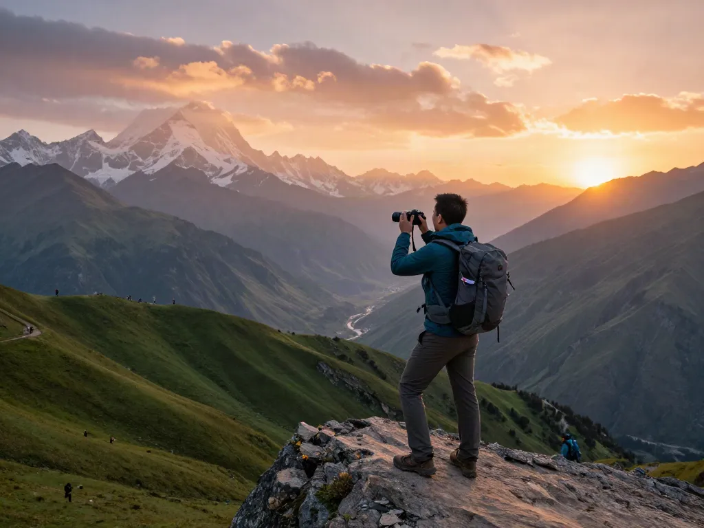 Traveler enjoying the Manaslu Circuit Trek sunset view, highlighting the stunning Himalayan scenery.