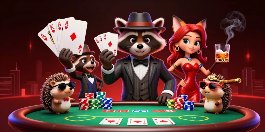 Win big at ku88 with a dynamic poker showdown featuring a suave raccoon and stunning fox.
