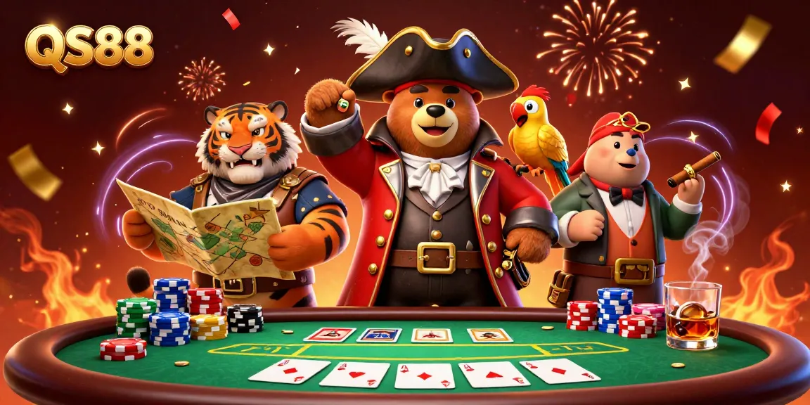 Engage with QS88 at a vibrant, dynamic casino scene featuring a bear captain, tiger, and poker elements.