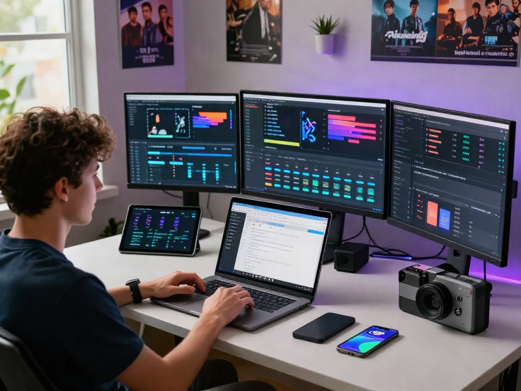 Pikashow streaming interface displayed on a modern tech workspace with vibrant lighting and gadgets.