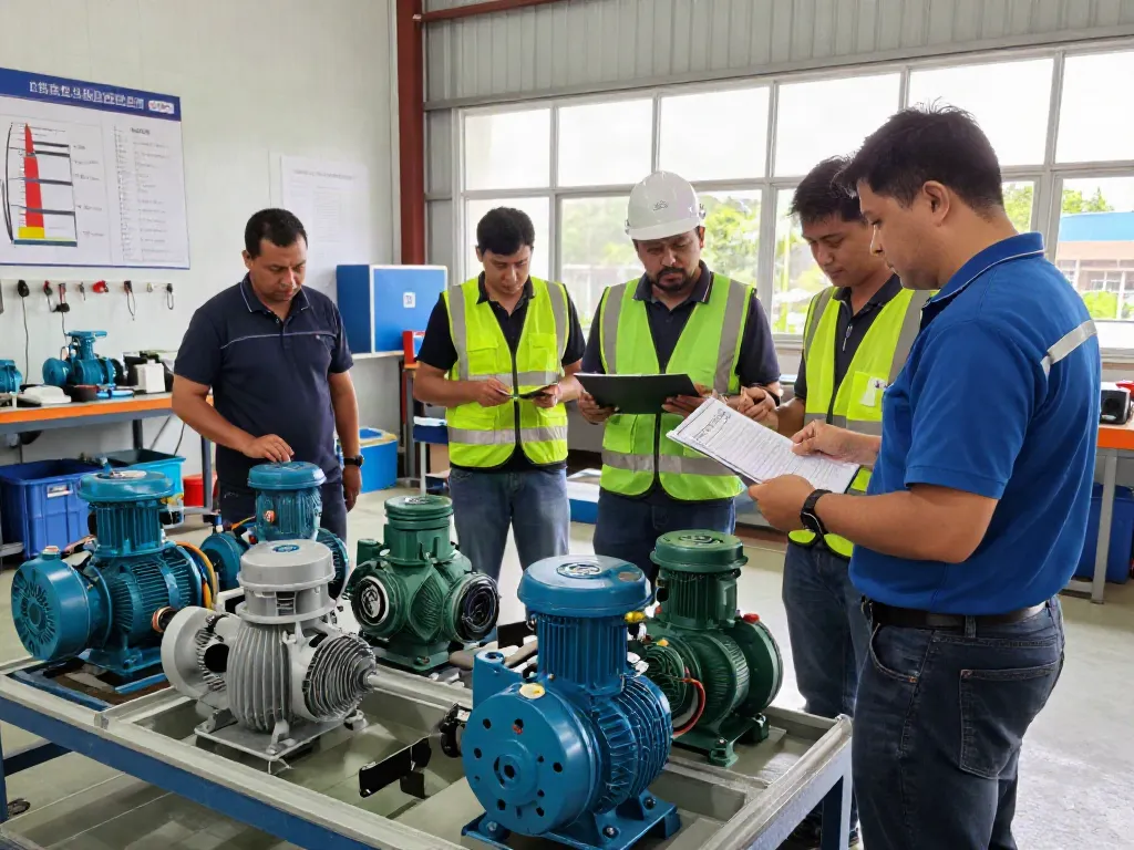 Bombas de agua Venezuela en un taller de ingeniería con técnicos colaborando en sistemas de bombeo