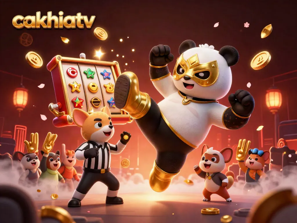 Cakhiatv features a vibrant scene with a panda wrestler, chihuahua referee, and exciting gambling elements.