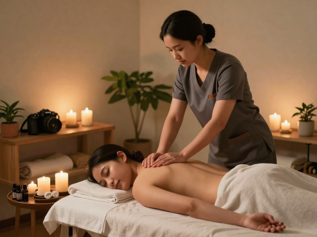 신림출장마사지 session in a calming home environment with essential oils and soothing ambiance.