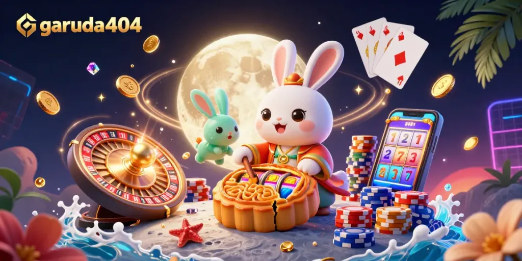 garuda404 slot machine reels emerge from mooncakes as golden coins and gems cascade, capturing casino excitement.