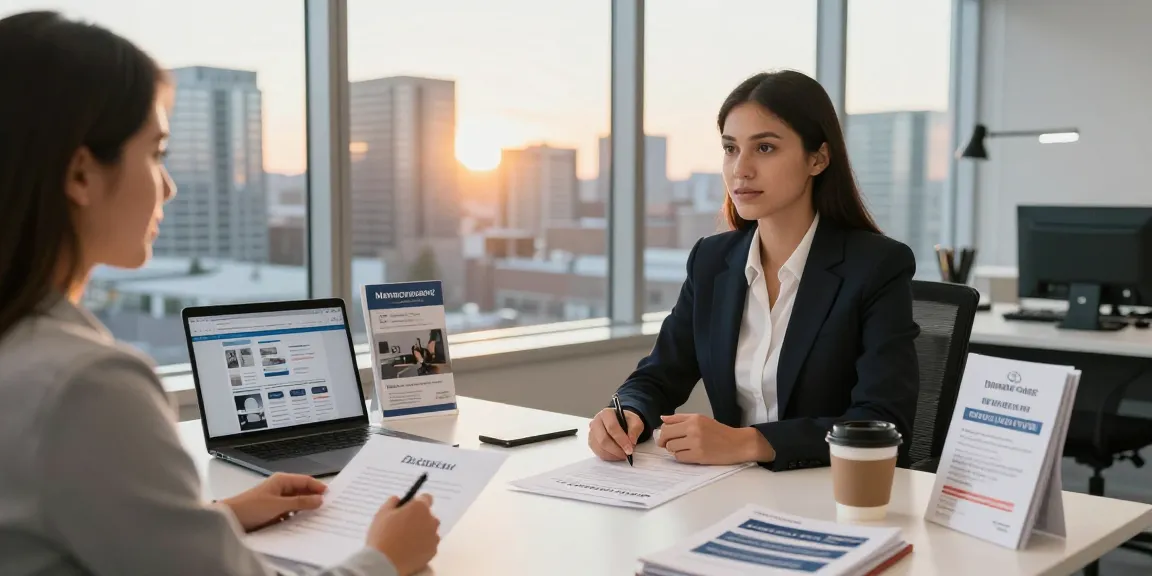Edmonton property management expert discussing rental agreements in a modern office setting with city skyline.