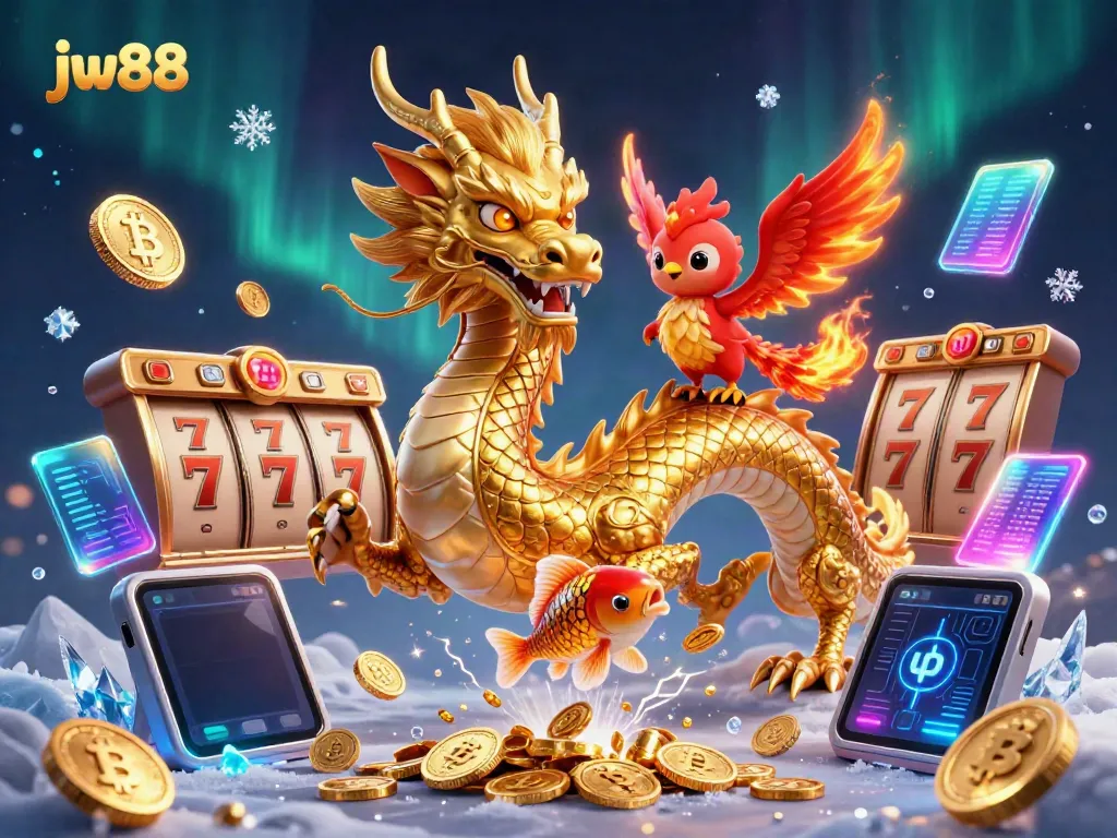 Experience thrilling wins at jw88 with a vibrant 3D casino scene featuring legendary creatures and gaming elements.