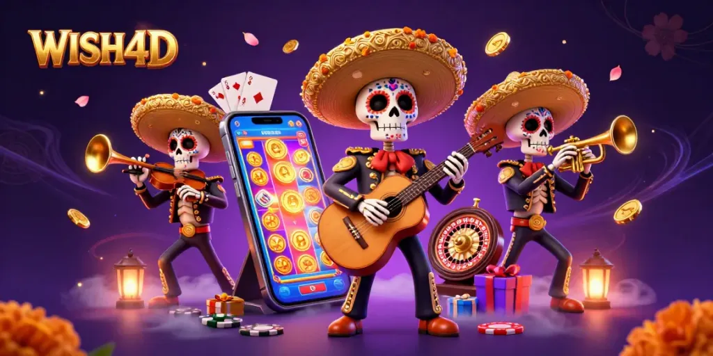 Join the excitement at WISH4D with vibrant gaming elements and dynamic mariachi band art.