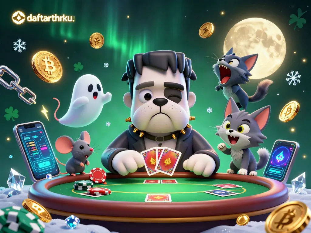 Join the fun at daftar thrku with a playful scene of a Frankenstein bulldog and friends at a poker table.