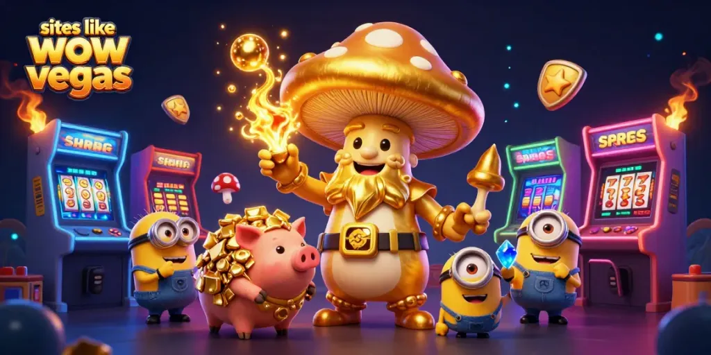 Experience excitement at sites like wow vegas with vibrant games and treasures in this captivating illustration.