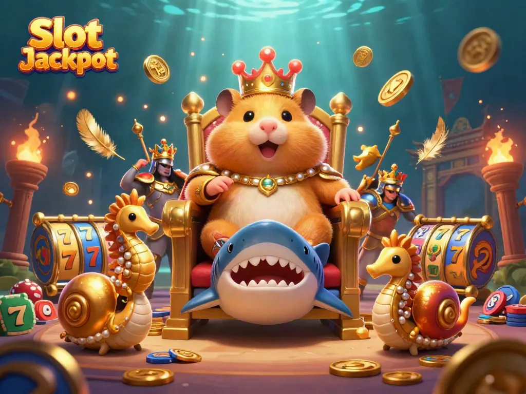 Experience the vibrant Slot Jackpot scene featuring a golden hamster king and dynamic slot elements.