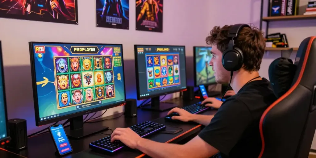 Excited player engaging with PROPLAY88's online slot games in a vibrant gaming setup.