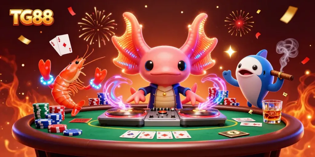 Spin to win with TG88 at an underwater casino party filled with vibrant characters and poker action.