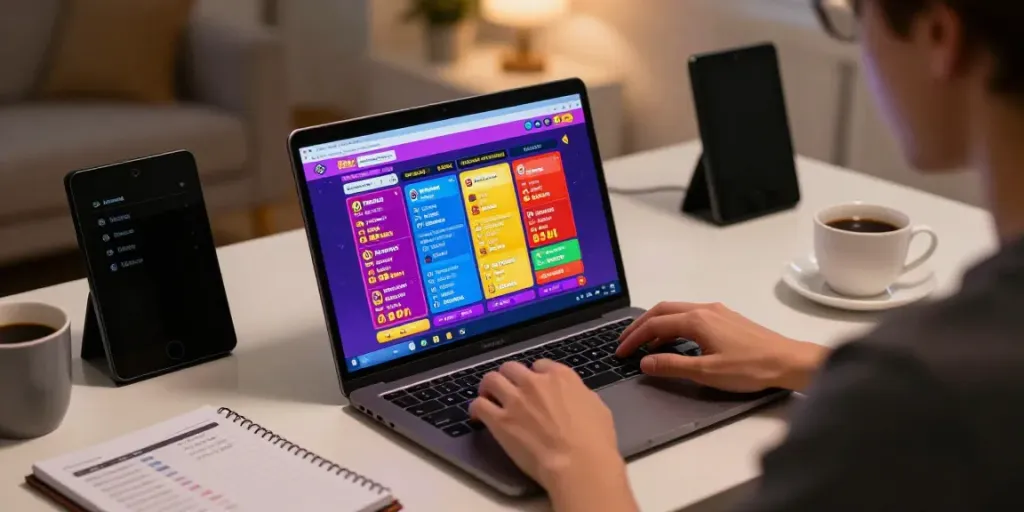 Pemain togel online menikmati pengalaman taruhan dengan antarmuka warna-warni di laptop dan catatan strategi.