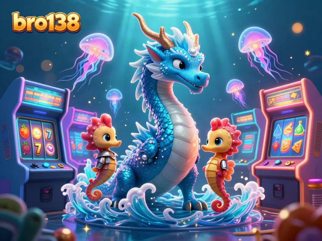 Experience the thrilling gaming at bro138 with an azure dragon and neon jellyfish in a vibrant casino atmosphere.