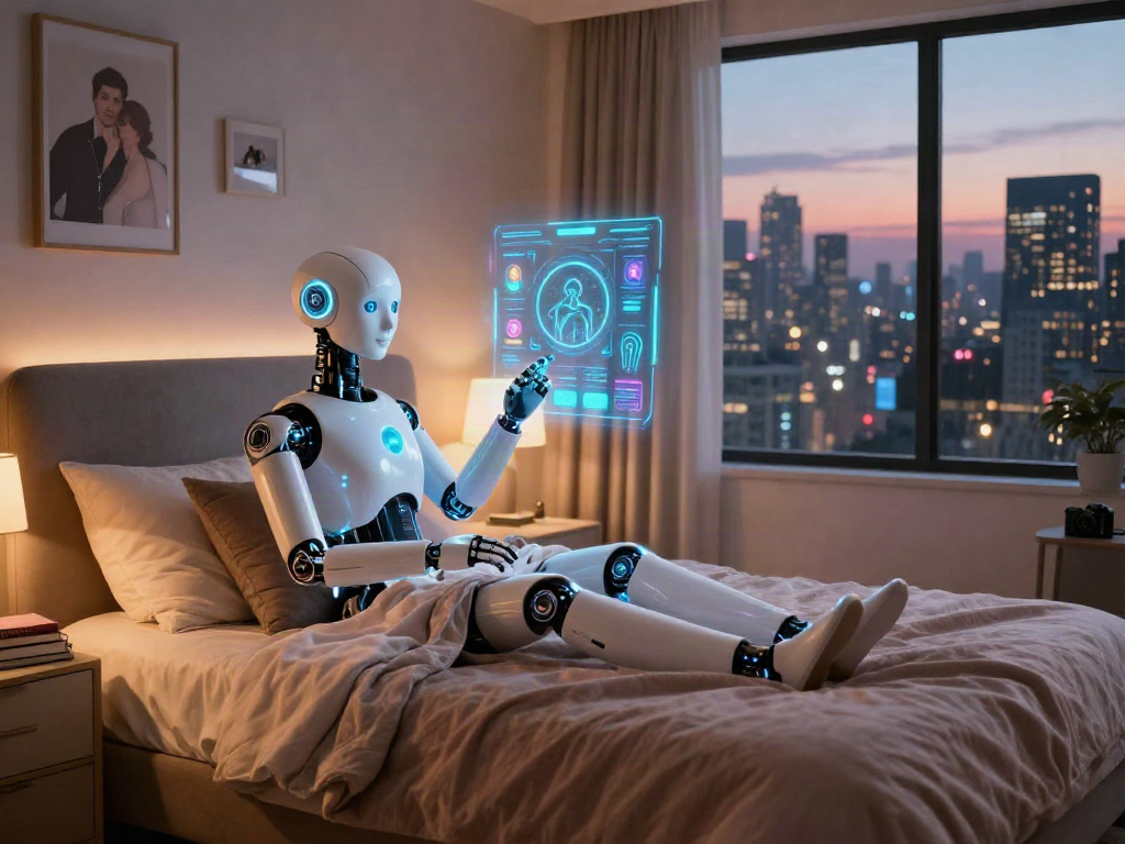 An individual interacting with a sex bot in a modern tech room, showcasing advanced AI features.