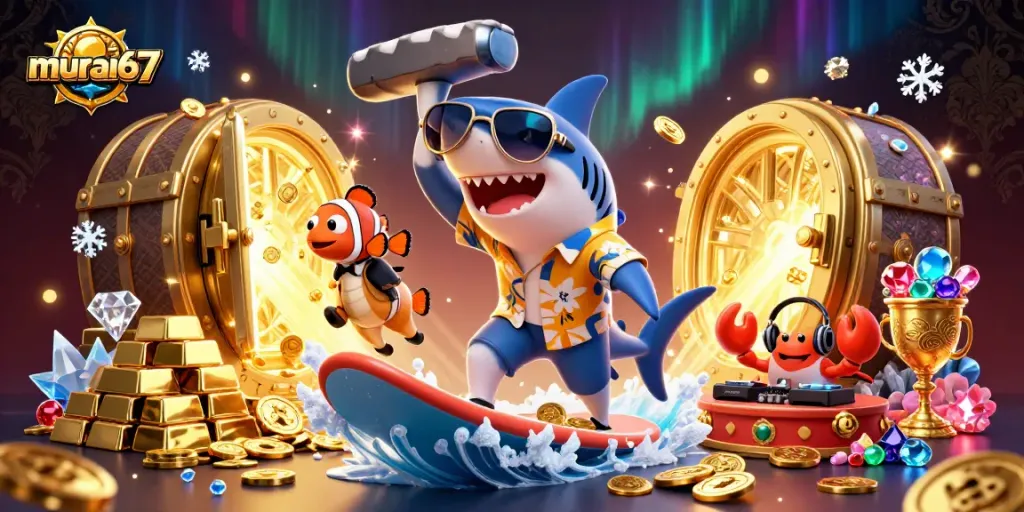 Experience thrilling slots gameplay with murai67 in a vibrant 3D casino scene featuring unique ocean-themed characters.