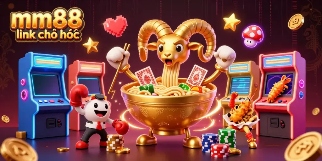 Engaging scene of giant ramen bowl character and sushi dealer featuring mm88 link chính thức branding.