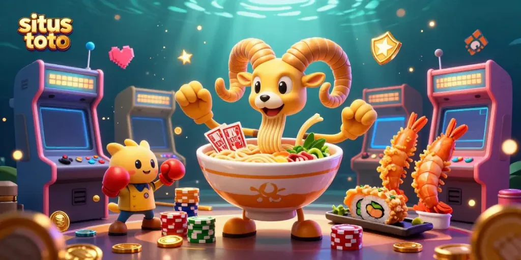 Situs toto scene with a giant ramen bowl dealer amidst vibrant casino-themed arcade elements.