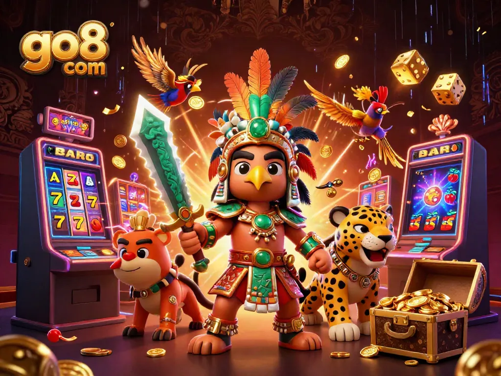 Experience thrilling wins at go8 com with a vibrant casino display featuring epic characters and games!