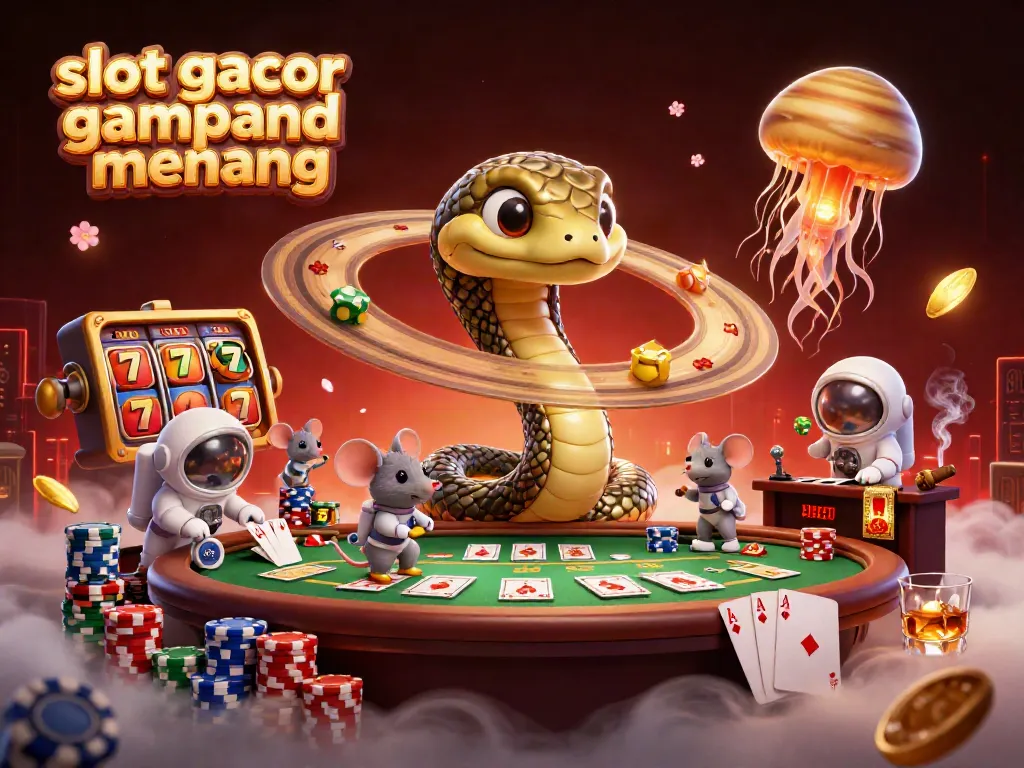 Engaging visual of slot gacor gampang menang with interactive celestial casino scene featuring playful astronaut mice and a golden jellyfish dealer