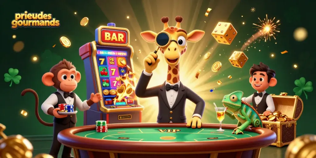 Engage with the exhilarating atmosphere of prieuredesgourmands through vibrant 3D casino elements featuring a charming giraffe and lively characters.