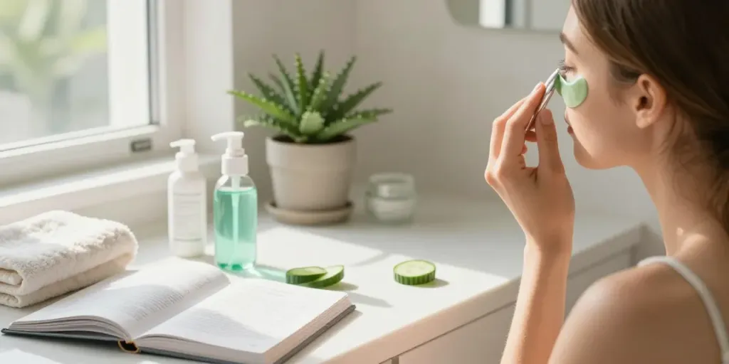 Augenringe wegbekommen mit täglicher Hautpflege und beruhigenden Produkten in einem hellen Badezimmer.