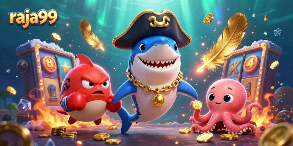 Join the adventure in raja99’s vibrant slot games with our pirate characters and a treasure-filled scene.