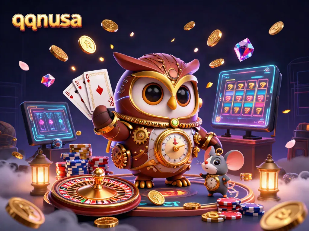 Engage with qqnusa's dynamic casino world featuring steampunk characters and vibrant gaming elements.