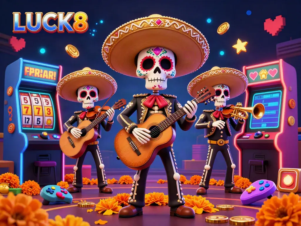 Experience lively casino fun with LUCK8 in a colorful Dia de los Muertos mariachi scene.