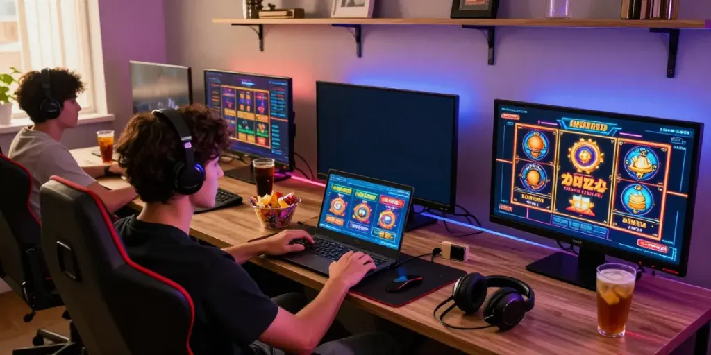 Excited gamer enjoying toto slot online on a laptop in a stylish gaming setup