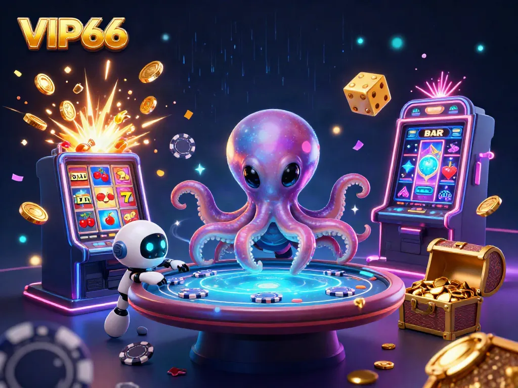 Experience thrilling gameplay with VIP66 as an alien octopus navigates a holographic poker table.