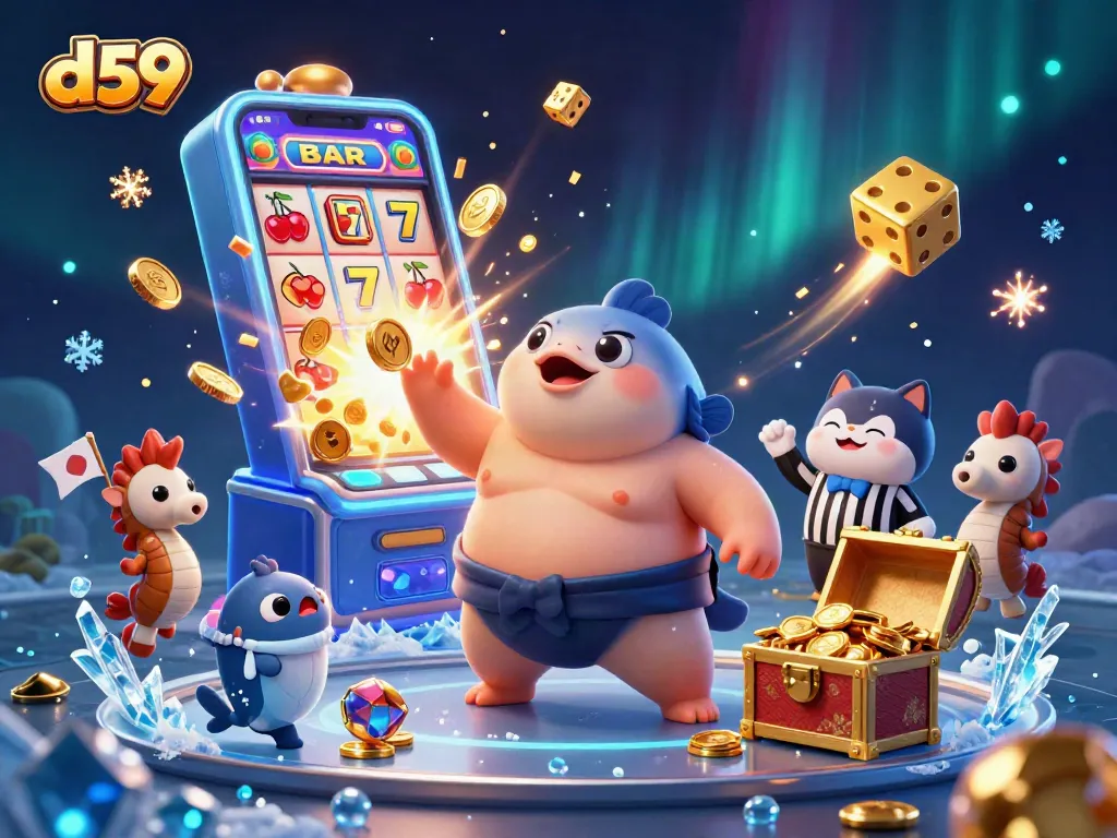 Experience thrilling wins with d59 at the vibrant underwater slot gaming scene featuring a joyful fugu and treasures!