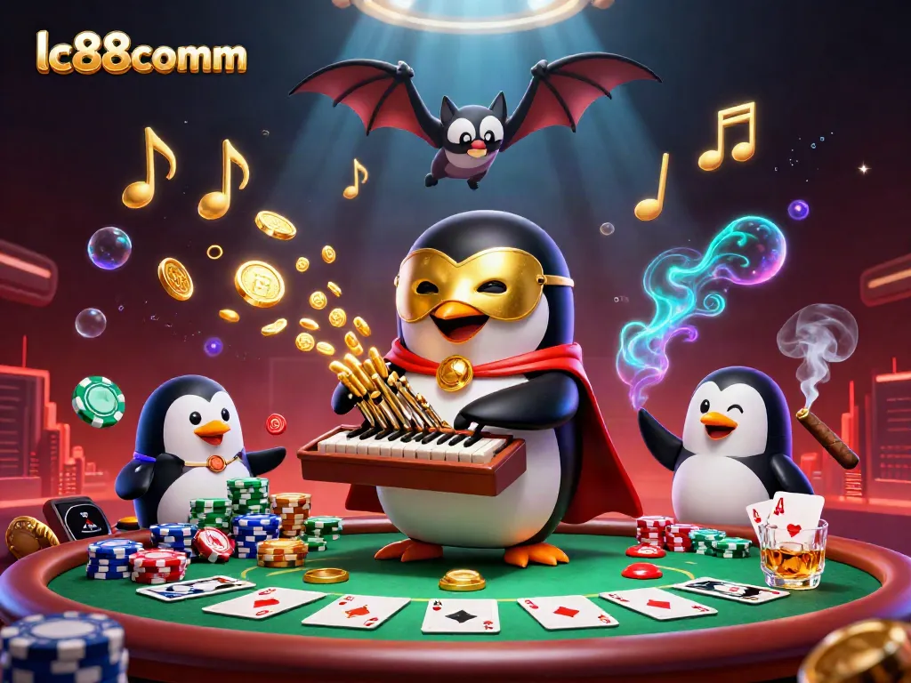 Experience the excitement of lc88comm as animated characters celebrate casino wins with poker games and golden coins.