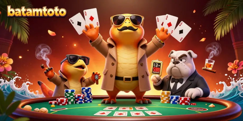 Engage in thrilling gaming moments at batamtoto with colorful poker elements and raptor characters.