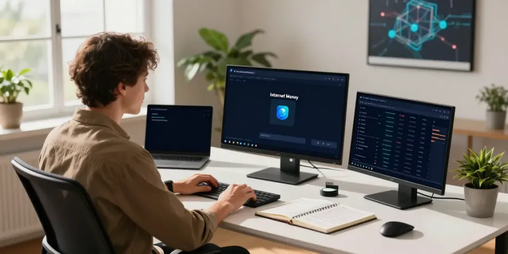 User engaged with Internet Money crypto wallet interface on multiple screens in a modern finance workspace.