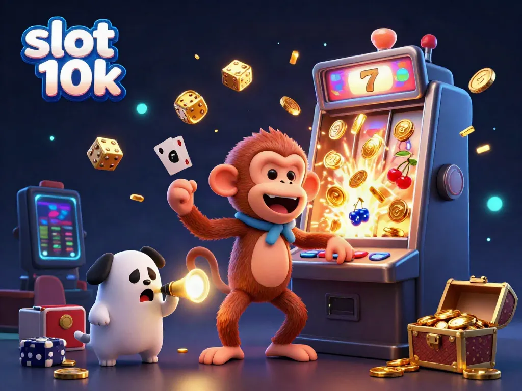 Engaging scene with slot 10k, featuring a playful monkey juggling golden gaming items in a lively casino.