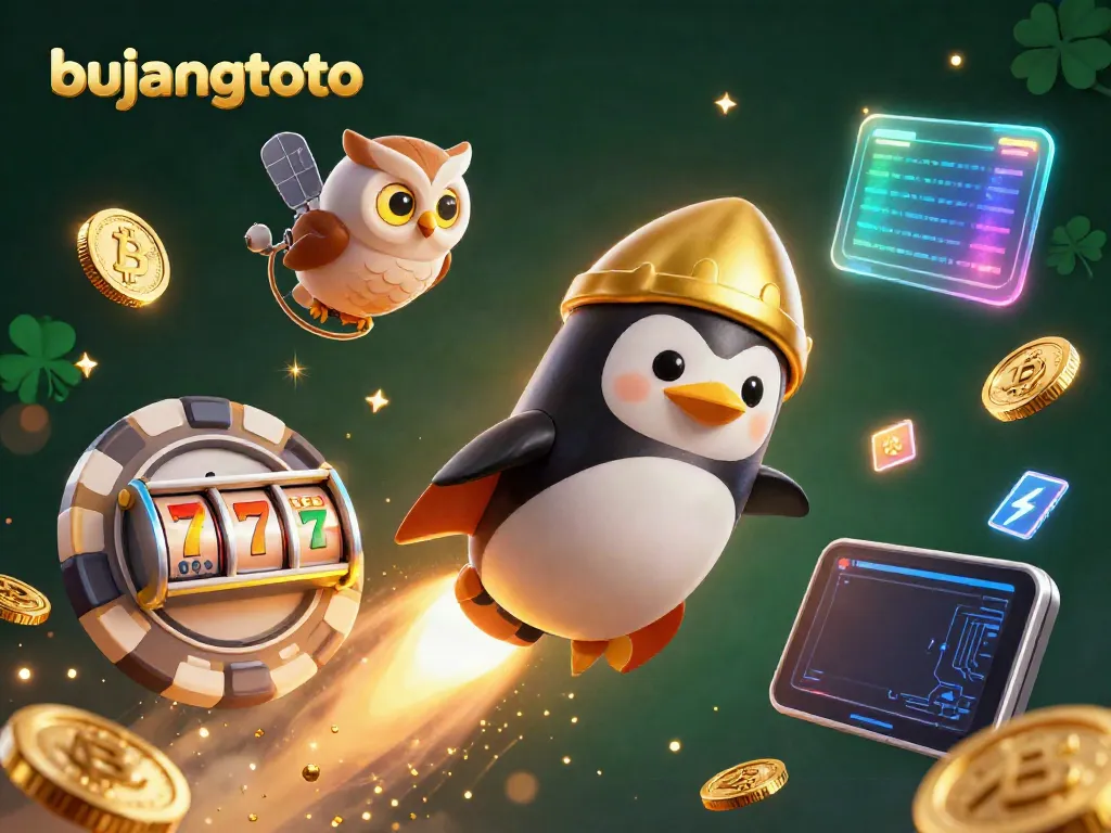 Experience the excitement of bujangtoto with a golden penguin and cosmic casino elements.