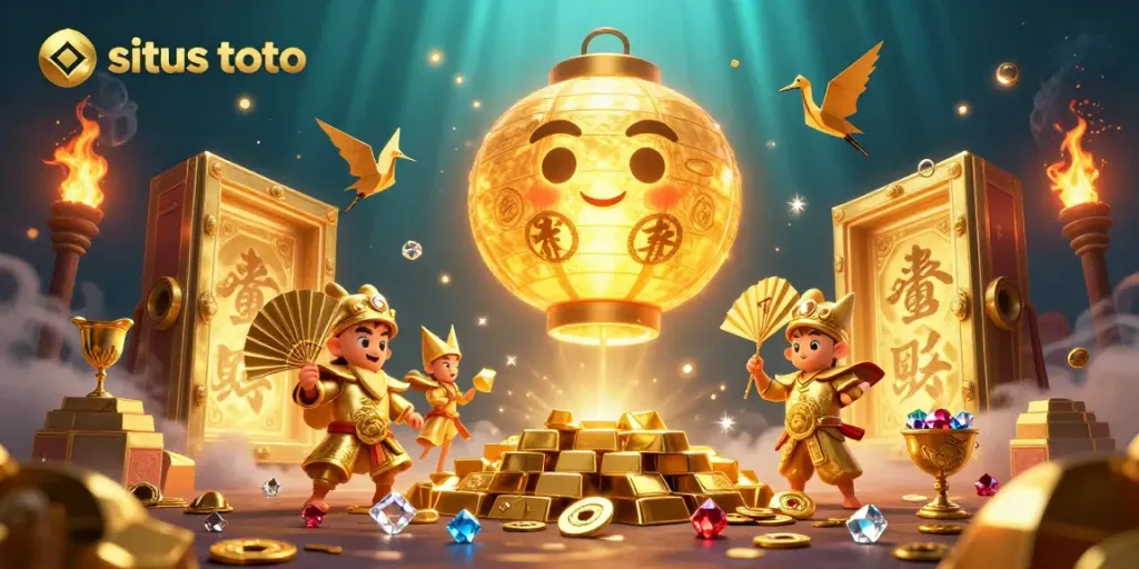 Experience the thrill at situs toto with a glowing lantern spirit among golden treasures and lucky symbols.