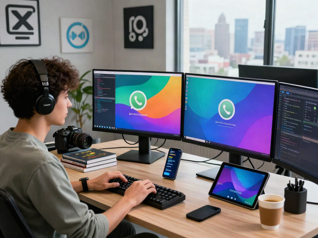 Developer engaging with gb WhatsApp interface in a modern tech workspace with dual monitors and stylish decor.