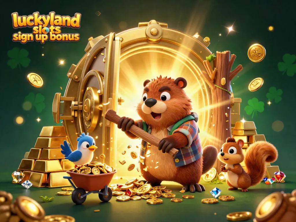 Experience the luckyland slots sign up bonus with a vibrant 3D scene of beavers and coins.