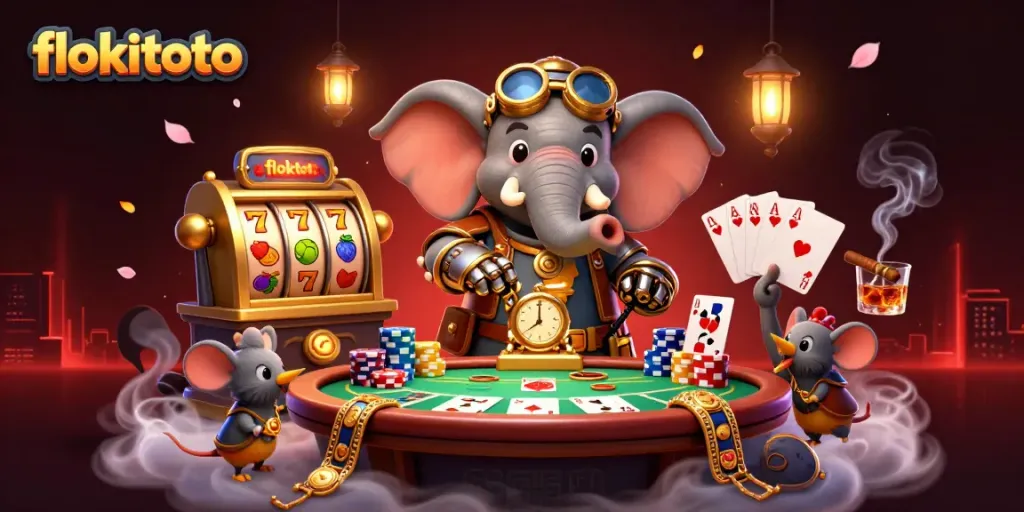 Experience the excitement of flokitoto with an interactive slot machine featuring a steampunk elephant engineer and vibrant gaming elements.