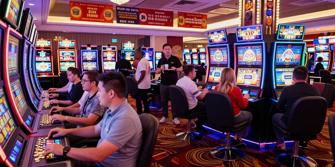Pengunjung bermain link slot di kasino yang meriah, dengan mesin slot bercahaya dan suasana yang penuh energi.