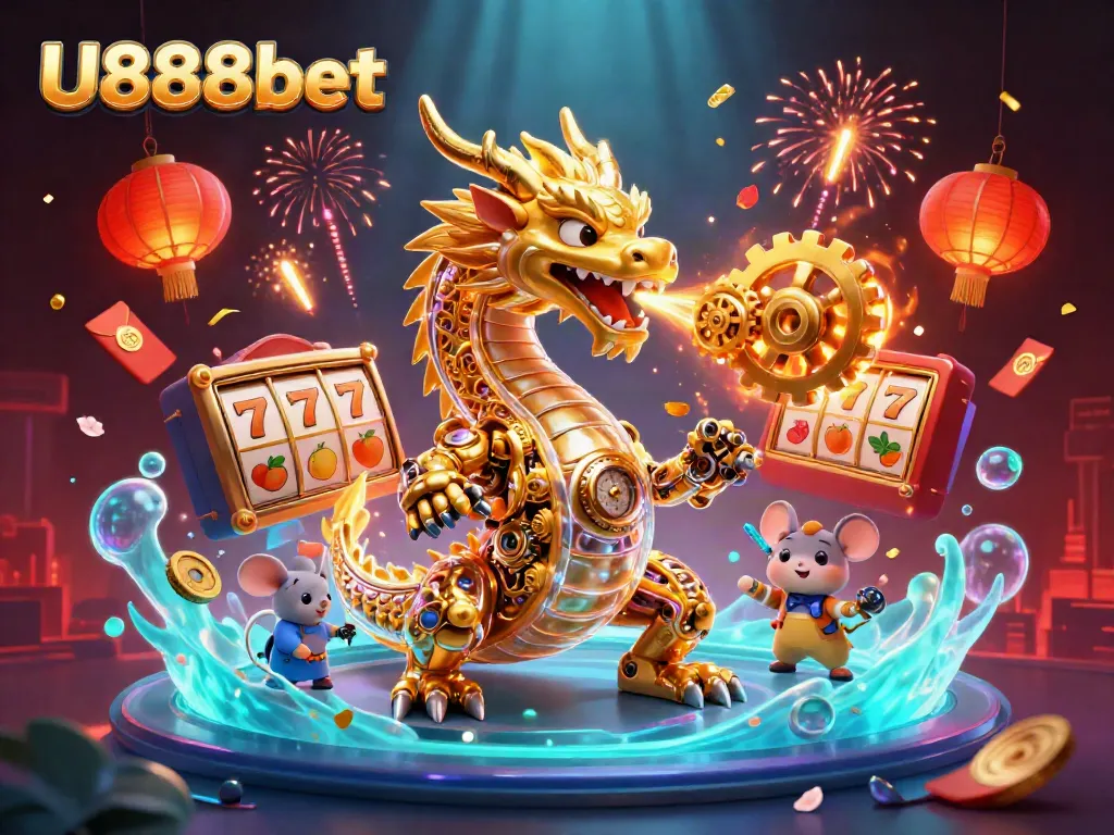 Experience thrilling moments with U888bet's ultra-detailed golden dragon casino illustration showcasing exciting slot games and action.