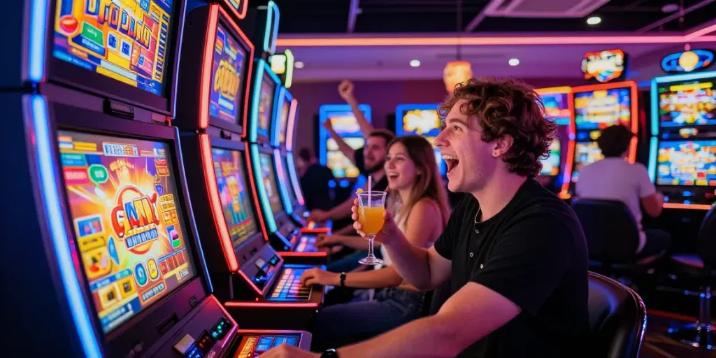 Exciting slot machine gameplay at a vibrant casino featuring colorful lights and cheering players.