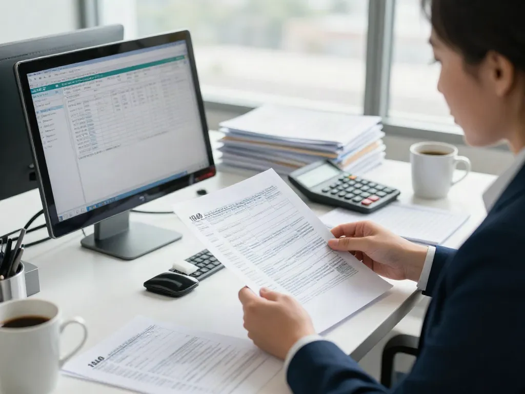 Accountant checking IRS Form 1040 in a bright office, why not check here for details.