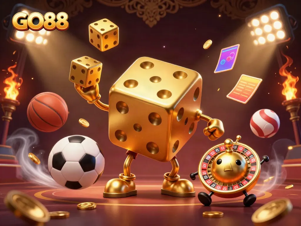 Engaging GO88 scene featuring a golden dice golem juggling dice amidst dynamic sports elements, enhancing the online gaming vibe.