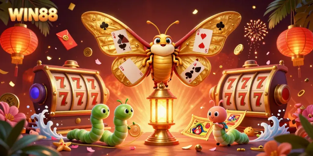 Experience the excitement of WIN88 with golden moths, cards, and vibrant casino scenes.