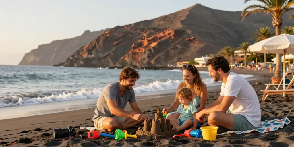 Tenerife Forum family beach scene with parents and toddler enjoying sandcastles